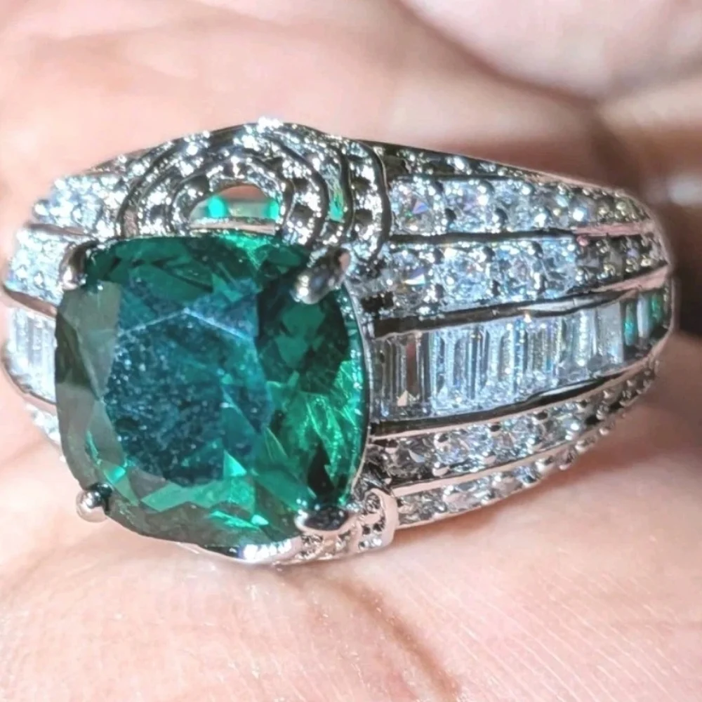 5Ct Cushion Lab Created Emerald Solitaire Engagement Ring 14K White Gold Plated